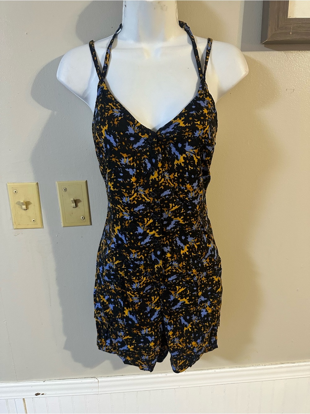 RVCA Black Floral Print Romper with Blue and Mustard Accents
